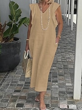 olcso design pamut és len ruhák-Női Fekete Fehér Sárga Nyár Tavasz Maxi hosszú ruha Midi ruha Fehér ruha Pamut vászon ruhák Nyári ruha Modern Alkalmi Napi Hétvége Laza öltözet Sima V-alakú