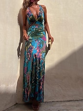 economico Abiti eleganti floreali-Per donna Abito lungo Abito lungo Abito casual Abiti Boho Chic Boemia Maxi Linea A Da mare Per eventi Taglia piccola Floreale Tropicale Senza maniche A V Nero Bianco Blu Estate