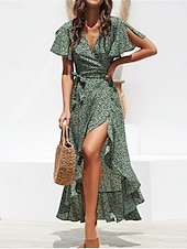abordables Robes fleuries élégantes-robe décontractée pour femme robe portefeuille à pois à lacets à volants col en V robe longue robe maxi vacances manches courtes été