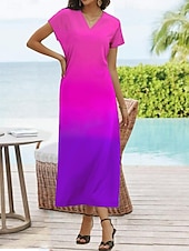 economico Abiti Tie Dye e Gradient-Abito Maxi Donna Abito Casual Abito Estivo Abito Shift Abito Tropicale Spalla Cadente Vacanza Vestibilità Larga Ombre Arco Iris Gradiente di Colore Manica Corta V Collo Blu Viola Chiaro Arancione