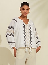 economico camicie, top e camicette-top con scollo a V e maniche a sbuffo geometriche