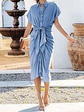abordables Robes de travail-Robe chemise Femme Robe mi-longue Bureau Rendez-vous Jean Classique Col de Chemise Lacet Bouton Manche Courte Eté Printemps Mince Bleu Plein S M L XL