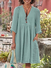 preiswerte Kleider aus Baumwolle und Leinen entwerfen-Damen Grün Sommer Frühling Minikleid Leinen-inspirierte Kleider Freizeitkleid Basic Modern Täglich Wochenende Lässiger Schnitt Einfach V Ausschnitt
