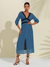 abordables robe décontractée imprimée-Femmes Robe trapèze Robe Fleurie Robe Imprimée Robe Midi Bleu Manches mi-longues Fleurs / Plantes Style Floral Imprimé Longue Printemps &amp; Été Col en V Façade en V Doux Date S M L