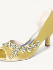 cheap Bridesmaid-Women's Wedding Shoes Bling Bling Sparkling Shoes Bridal Shoes Rhinestone Kitten Heel Peep Toe Elegant Satin Loafer Silver White Ivory