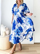 levne Elegantní květinové šaty-dámské ležérní šaty květinový potisk listů v krku dlouhé šaty maxi šaty dovolená krátký rukáv léto