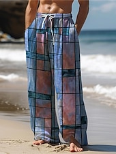 billiga Casual byxor med tryck för män-Herr Hawaiisk Färgblock Pläd / Rutig Blandad färg Byxor 3D-tryck Byxor med raka ben Medium Midja Dragsko Elastisk midja Utomhus Gata Helgdag Sommar Vår Höst Slapp form Microelastisk