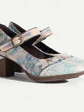 preiswerte 1930er Jahre-Damen Absätze Pumpen Handgefertigte Schuhe Vintage-Schuhe Hochzeit Party Farbblock Konischer Absatz Runde Zehe Elegant Vintage Leder Schnalle Hellblau