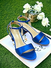 economico Prom-sandali con tacco a blocco in raso turchese con cinturino alla caviglia per donna - eleganti scarpe da sera e da matrimonio