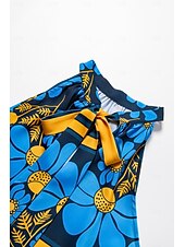 baratos camisas, tops e blusas-Mulheres Geométrico Flor / Plantas Férias Final de semana Sem Mangas Azul Franzido Amarre nas costas / na frente Sem Manga Blusas Amarrado No Pescoço Verão