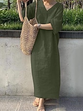 abordables concevoir des robes en coton et lin-Femmes bleu marine Orange Vert Été Printemps Robe maxi Robes inspirées du lin Robe Décontractée Basique Moderne Quotidien Week-end Coupe Ample Uni Col en V