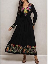 preiswerte abendkleider-Besticktes Maxikleid für Damen, V-Ausschnitt, lange Ärmel, Blumenmuster, Folk-inspiriert, schwarz, mehrfarbig, elegant, leger bis halbformell, für Frühling und Herbst, leicht, bequeme Passform, in