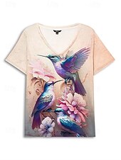 billige Dyrene tee-kvinners t-skjorte mote blomsterprint kortermede vanlige topper v-hals ferie helg lilla beige sommer