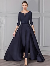 voordelige Mama&amp;#39;s jumpsuits-Twee-delige Jumpsuit  Pantalon Moeder van de Bruid Formeel Bruiloft Gast Elegante Afneembare V-Hals Vloerlengte Satijn 3/4 Lengte Mouw Met Riem  Ribbon 2025 gratis maatwerk