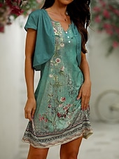 ieftine Rochii set-Pentru femei Set de rochii Rochie casual Rochie pentru invitata de nunta Rochie Tip Maieu Elegant Epocă Floral Nasturi Imprimeu Rochii Midi Manșon scurt În V Zilnic Dată Trifoi Vară Primăvară Fit