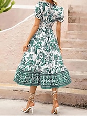 preiswerte Elegante Blumenkleider-Damen Midikleid Casual kleid Schaukelkleid A Linie Kleid Sommerkleid Strassenmode A-Linie Urlaub Strasse Festtage Regular Fit Blumen Kurzarm V Ausschnitt Schwarz Rote Blau Grün Sommer