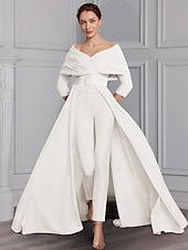 voordelige Mama&amp;#39;s jumpsuits-Twee-delige Jumpsuit Moeder van de Bruid Formele Bruiloft Gast Elegante Feest Scoop Hals Off Schouder Enkele Lengte Rekbare Stof 3/4 Lange Mouw met Ceintuur  Riem 2025