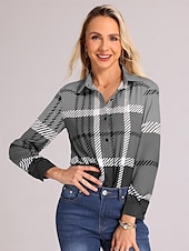 billiga Kvinnors randiga och geometriska toppar-Dam skjorta mode rutigt knappar tryck lång ärm vanlig topp skjortkrage casual röd blå khaki grå vår  höst