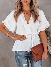 voordelige Elegante topjes-Overhemd Kanten overhemd Blouse Wit kanten overhemd Dames Zwart Wit Effen Kant Soepelvallende tuniek Straat Dagelijks Modieus V-hals Normale pasvorm S