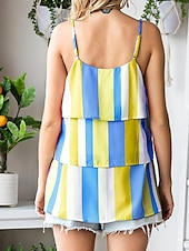 abordables Débardeurs et camisoles femme-Débardeur Femme à Bretelles Débardeur Mode Streetwear Moderne Rayé Volant Imprimé Superposé Sans Manches Tops Réguliers Col V Décontracté Plage Jaune Violet Fuchsia Orange Vert Été