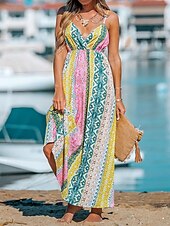 billige Ferie kjoler-kvinners fritidskjole slipkjole floral geometrisk ryggløst trykk stropp lang kjole maxi kjole boho ferie ermeløs sommer