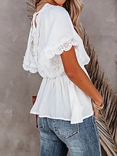 voordelige Elegante topjes-Overhemd Kanten overhemd Blouse Wit kanten overhemd Dames Zwart Wit Effen Kant Soepelvallende tuniek Straat Dagelijks Modieus V-hals Normale pasvorm S