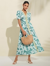 abordables Robes de vacances-robe mi-longue à manches bouffantes et col V