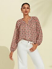 economico Bluse e camicie-camicetta casual con maniche a sbuffo geometriche