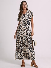 levne Šaty umění a designu-Dámské maxi šaty sundress shift šaty letní šaty streetwear sexy spadlý rukáv dovolená párty prázdniny regular fit leopardí krátký rukáv V výstřih růžové modré khaki léto jaro