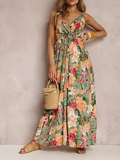 preiswerte Kleider für die Ferien-Damen Freizeitkleid Unterkleid Blumen rückenfrei Print Träger langes Kleid Maxikleid Hawaii Urlaub Strand ärmellos Sommer