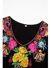 preiswerte abendkleider-Besticktes Maxikleid für Damen, V-Ausschnitt, lange Ärmel, Blumenmuster, Folk-inspiriert, schwarz, mehrfarbig, elegant, leger bis halbformell, für Frühling und Herbst, leicht, bequeme Passform, in