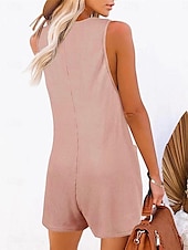 billiga Rompers-Dam Vanligt Jumpsuits Streetwear Ensfärgat Ärmlös V-hals Knappar Ficka Gata Dagligen Normal Svart Rodnande Rosa Vin Sommar