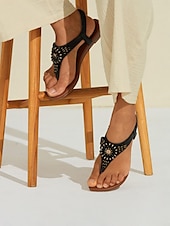 cheap Vacation Sandals-Women&#039;s Boho Beach Black T-Strap Flat Sandals with Elegant Beaded Embellishments | Sophisticated Evening Summer Footwear