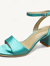 economico Prom-sandali con tacco a blocco in raso turchese con cinturino alla caviglia per donna - eleganti scarpe da sera e da matrimonio