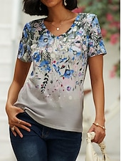 cheap Floral tee-Women&#039;s T Shirt Basic Floral Print Short Sleeve Regular Tops V Neck Holiday Weekend Pink Blue Green