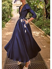 cheap BLUE-A-Line Evening Gown Elegant Dress Tuxedo Dress Formal Wedding Floor Length 3/4 Length Sleeve Shirt Collar Satin with Beading Embroidery Pocket 2025