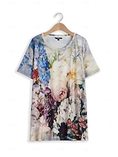 billige Blomster t-skjorte-kvinners t-skjorte mote blomsterprint kortermede vanlige topper rund hals ferie helg gul rosa blå lilla grønn vår &amp;amp; sommer