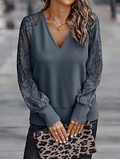 economico Top in Pizzo-Top in pizzo elegante da donna con occhiello blusa alla moda moderna patchwork in pizzo maniche lunghe regolare scollatura a V casual romantico top petite estivi per le vacanze nere marroni verdi
