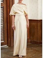 preiswerte GRÜN-Etui Kleid Mutter der Braut Hochzeitsgast Formelles Abendkleid Elegante Party Schulterfrei Zug-Länge Satin Halbelängliche Ärmel mit Raffung.