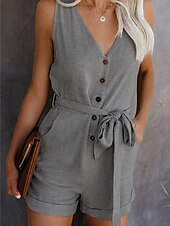 abordables grenouillère-combinaison femme sans manches col en V boutonné devant noué à la taille couleur unie lin style décontracté élégant été printemps tenue une pièce