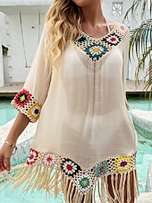 ieftine Rochii de plajă-Pentru femei Rochie albă Rochie Mini Bufantă Peteci Vacanță Plajă Sexy Boho În V Lungime Manșon 3/4 Negru Alb Roșu-aprins Culoare