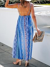 billige Ferie kjoler-kvinners fritidskjole slipkjole floral geometrisk ryggløst trykk stropp lang kjole maxi kjole boho ferie ermeløs sommer