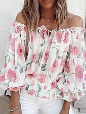 cheap Sexy Tops-Women&#039;s Shirt Blouse Floral Fashion Long Sleeve Cold Shoulder Off Shoulder Regular Tops Casual Holiday Lace up Buttons Print White Pink Blue Beige Summer