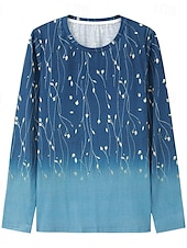 billige Blomster t-skjorte-dame t-skjorte elegant mote basic blomsterprint lange armer vanlige topper rund hals ferie helg blå fuchsia grå lyseblå høst &amp;amp; vinter