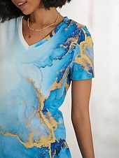 abordables T-shirt Art &amp; Design-t-shirt basique fluo pour femme&amp;amp;hauts à manches courtes à imprimé abstrait lumineux, col en V, quotidien, week-end, jaune, bleu, or, bleu clair