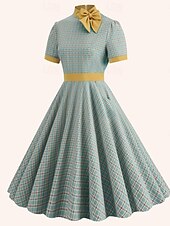 abordables Robes-Rétro Vintage Années 1950 Rockabilly Midi Robe Robe trapèze Robe Évasée Nœud À carreaux Vichy Femmes Carnaval Saint-Valentin Tenue quotidienne Fête du thé Soirée à thème rétro Adulte Robe Automne