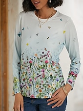 economico T-shirt floreale-Per donna maglietta Bianco Rosso Viola Floreale Farfalla Stampa Manica lunga Informale Giornaliero Essenziale Vintage Rotonda Standard Floreale Astratto Pittura S
