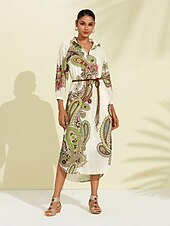 שמלת חולצת מידי בחגורת פייזלי בוהו זול הדפס שמלת קז'ואל-שמלת חולצת מידי בחגורת פייזלי בוהו