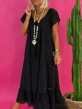 halpa Valkoiset pitsimekot-Naisten Pitkä mekko Maxi mekko Valkoinen mekko Pitsimekko Rento mekko Kesämekko Katutyyli Maxi Katu Deitti Loose Fit Lyhythihainen Tiukka pyöreä kaula-aukko Musta Valkoinen Kesä