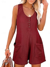 billiga Rompers-Dam Vanligt Jumpsuits Streetwear Ensfärgat Ärmlös V-hals Knappar Ficka Gata Dagligen Normal Svart Rodnande Rosa Vin Sommar